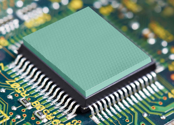 Close-up view of a green integrated circuit chip mounted on a printed circuit board with visible metallic pins and electronic components.