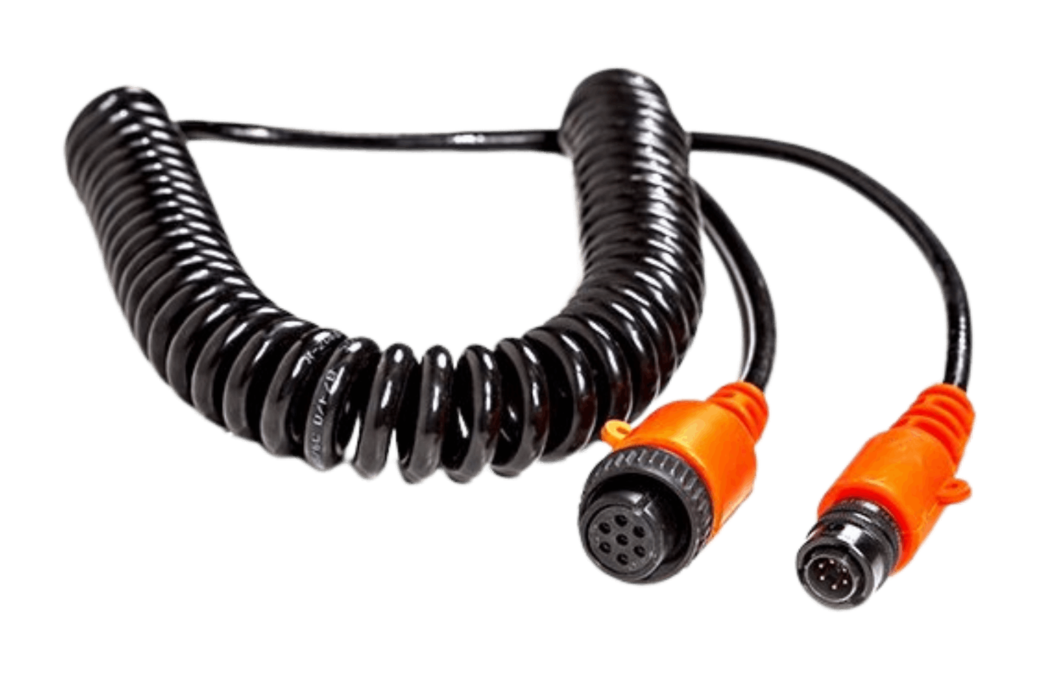 Coiled oilfield cable assembly with rugged circular connectors and molded strain relief