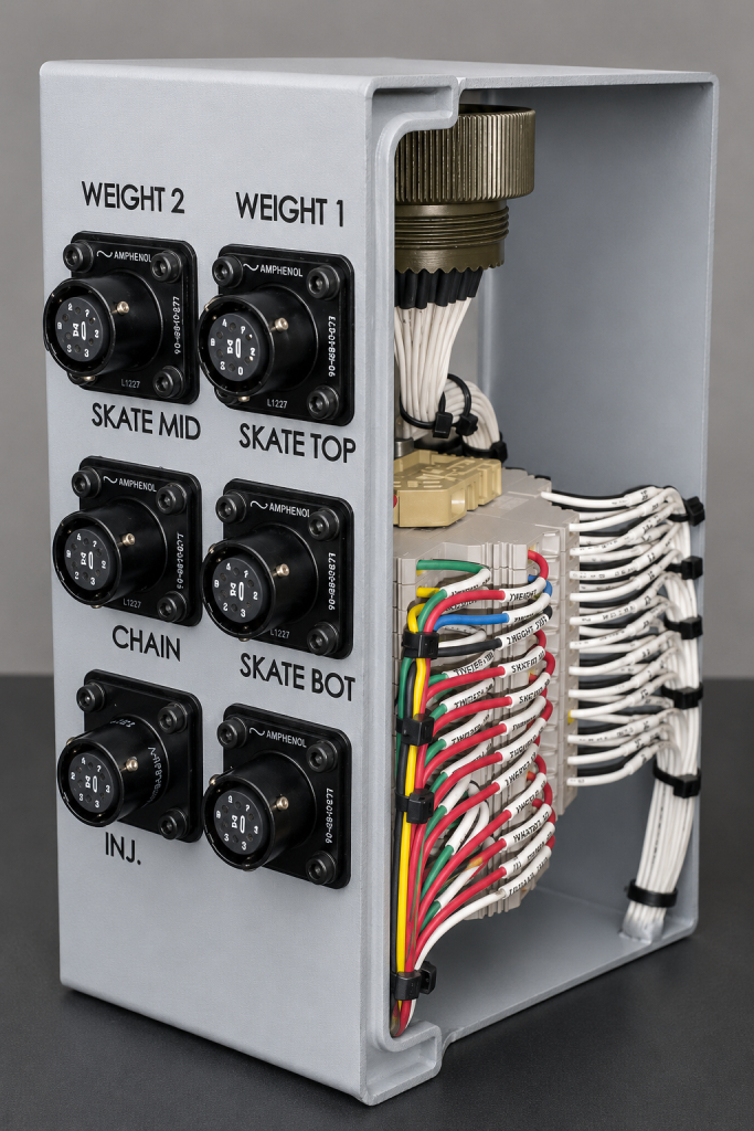 Rugged oilfield panel-to-field cable assembly with circular connectors, labeled interfaces, and internal wire harnessing